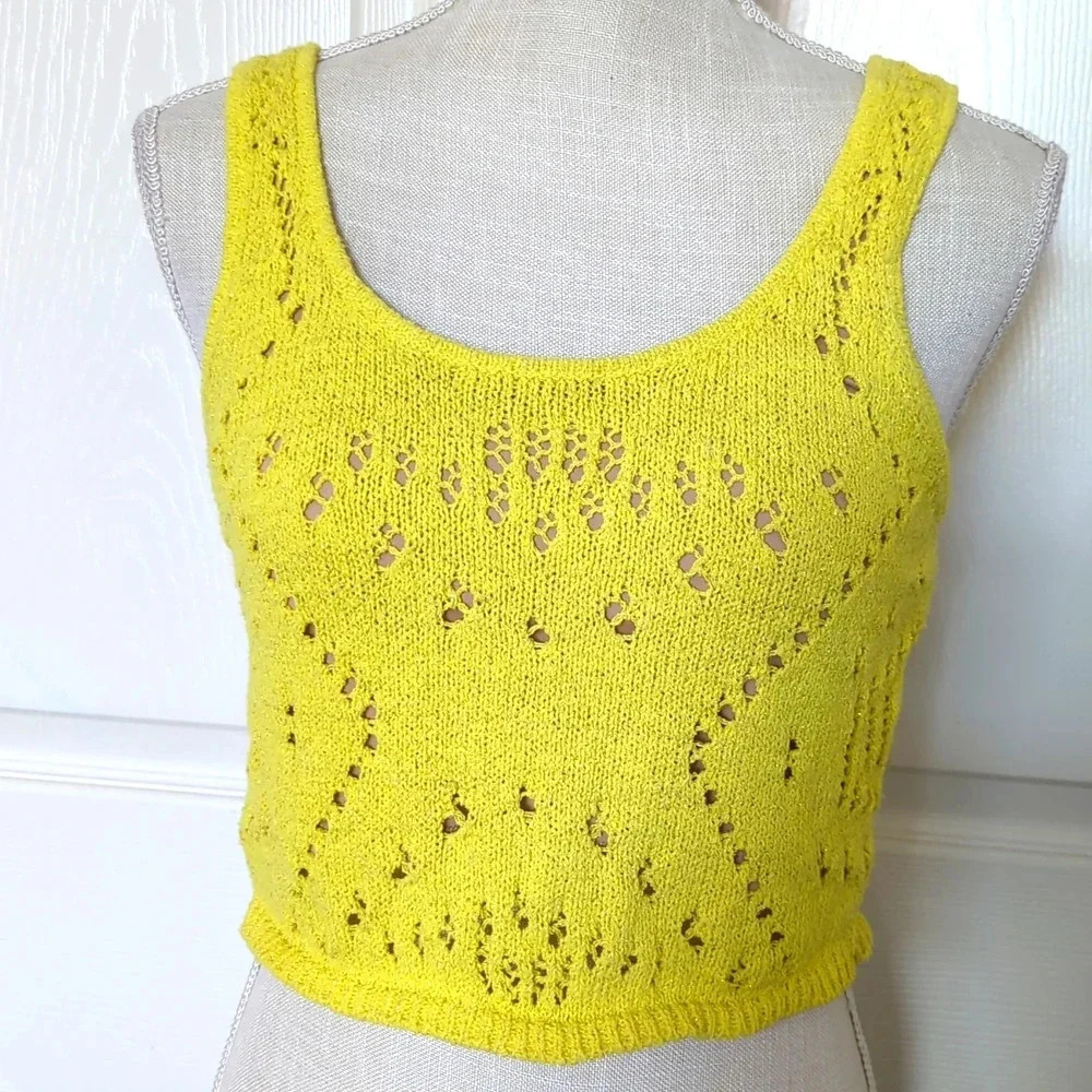 Rachel Zoe Crochet Knit Yellow Metallic Crop Top